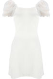 White Ribbed Chiffon Puff Sleeves Dress