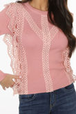 Pink Crochet Lace Long Sleeve Crop Tops