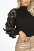 Black Flower Mesh Sleeve Trimming Ribbed Jumper