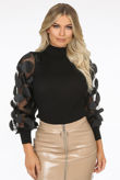 Black Flower Mesh Sleeve Trimming Ribbed Jumper