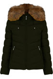 Zipped Pockets Fur Hood Puffa Khaki Jackets