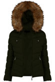 Zipped Pockets Fur Hood Puffa Khaki Jackets