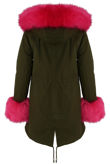 Fuchsia Fur Hood & Cuffs Trim Khaki Parka Coat
