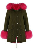 Fuchsia Fur Hood & Cuffs Trim Khaki Parka Coat