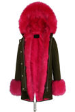 Fuchsia Fur Hood & Cuffs Trim Khaki Parka Coat