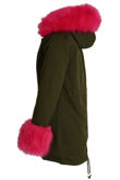 Fuchsia Fur Hood & Cuffs Trim Khaki Parka Coat