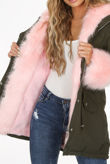 Rose Fur Hood & Cuffs Trim Khaki Parka Coat