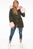 Rose Fur Hood & Cuffs Trim Khaki Parka Coat