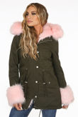 Rose Fur Hood & Cuffs Trim Khaki Parka Coat