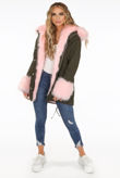 Rose Fur Hood & Cuffs Trim Khaki Parka Coat