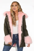 Rose Fur Hood & Cuffs Trim Khaki Parka Coat