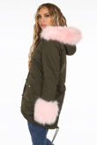Rose Fur Hood & Cuffs Trim Khaki Parka Coat