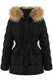 Black Belted Puffer Jacket With Fur Trim Hood