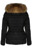 Black Zip Front Belted Puffer Coat With Fur Trim