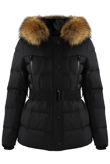 Black Zip Front Belted Puffer Coat With Fur Trim
