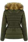 Khaki Zip Front Belted Puffer Coat With Fur Trim