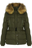 Khaki Zip Front Belted Puffer Coat With Fur Trim