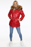 Red Natural Fur Hood Shiny Puffer Jackets