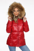 Red Natural Fur Hood Shiny Puffer Jackets