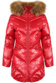 Red Natural Fur Hood Shiny Puffer Coat