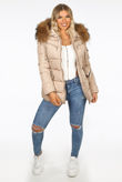 Beige Quilted Zip Pockets Puffa Jackets with Pink Fur