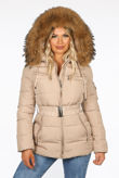 Beige Quilted Zip Pockets Puffa Jackets with Pink Fur