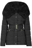 Belted Puffer Jacket With Fur Collar Trim