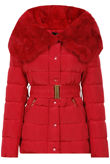 Red Belted Puffer Jacket With Fur Collar Trim