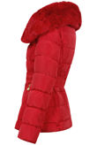 Red Belted Puffer Jacket With Fur Collar Trim