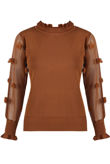 Camel Mesh Sleeves Ribbed Jumper