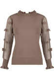 Taupe Mesh Sleeves Ribbed Jumper