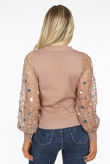 Taupe Sequin Mesh Trim Knit Top