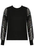 Black Sequin Mesh Trim Knit Top