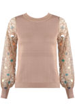 Taupe Sequin Mesh Trim Knit Top
