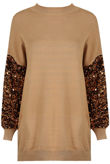 Camel Sequin Sleeves Ribbed Jumper Dress