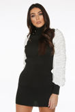 Black Button Trim High Neck Ribbed Jumper Dress