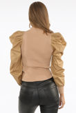 Camel High Neck Puffed Bishop Sleeves Ribbed