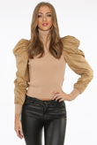 Camel High Neck Puffed Bishop Sleeves Ribbed