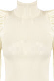 Cream High Neck Puffed Bishop Sleeves Ribbed