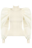 Cream High Neck Puffed Bishop Sleeves Ribbed