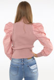 Rose High Neck Puffed Bishop Sleeves Ribbed