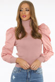Rose High Neck Puffed Bishop Sleeves Ribbed