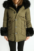 Khaki Padded Parka With Black Faux Fur