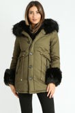 Khaki Padded Parka With Black Faux Fur