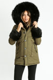 Khaki Padded Parka With Black Faux Fur