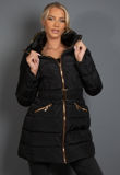 Black Belted Long Puffer Jacket With Hidden Hood