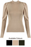 Khaki Puffed Sleeves Ribbed Mock Neck Jumper