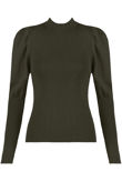 Khaki Puffed Sleeves Ribbed Mock Neck Jumper