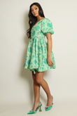 Green Floral V Neck Belted Flare Dress