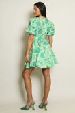 Green Floral V Neck Belted Flare Dress